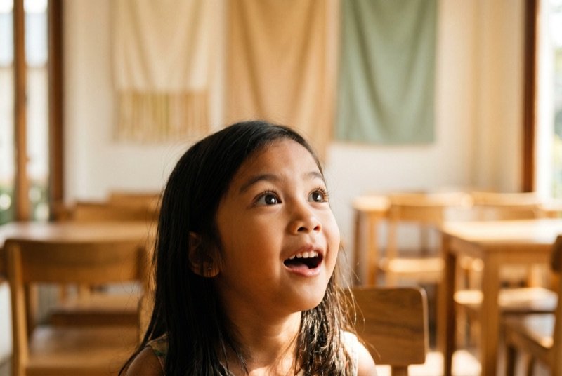 A young girl looking upward, mid-laugh, in a sunlit classroom.